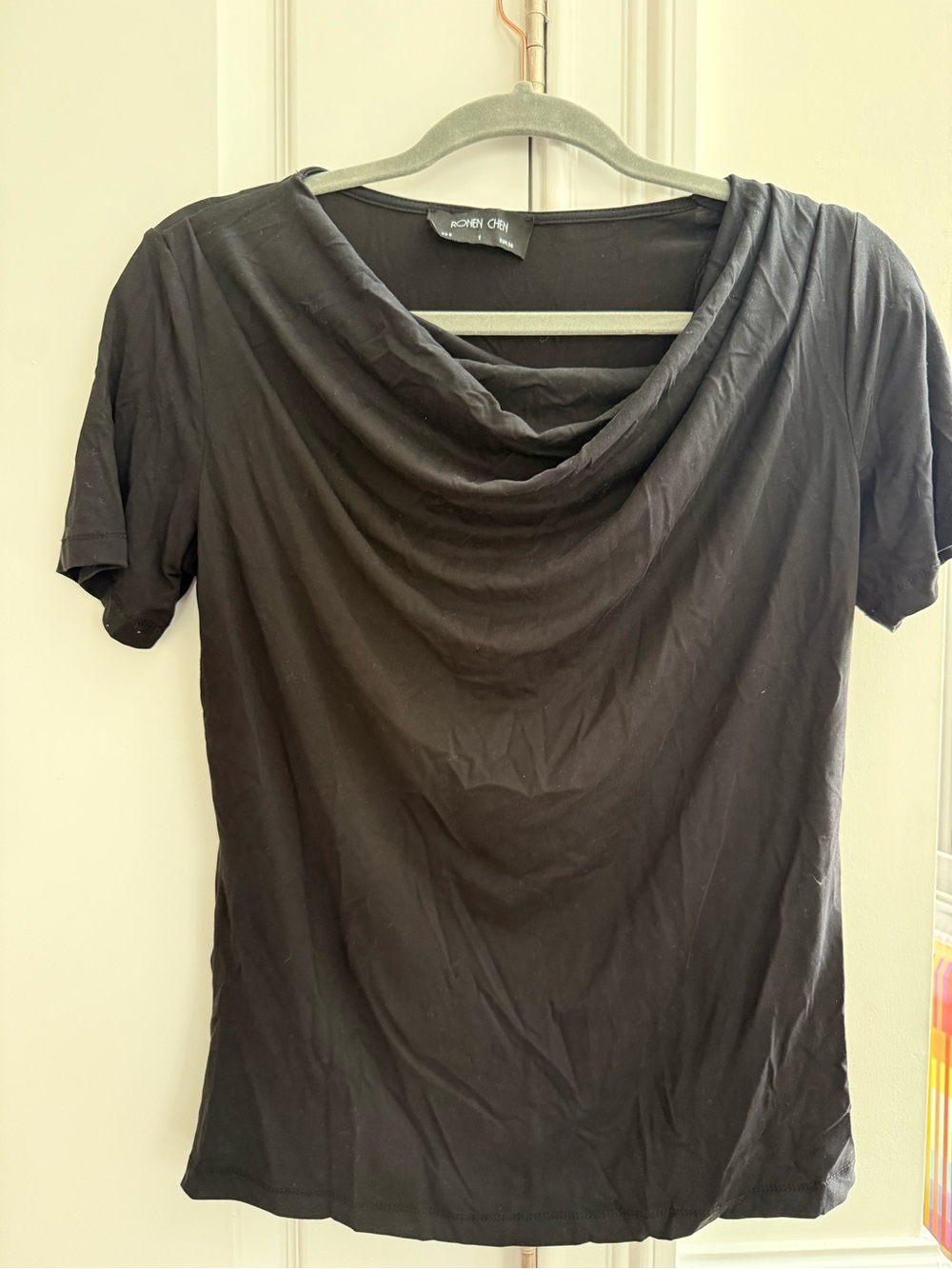 Ronen Chen Crepe Drape Neck Black Women's Top Size Small